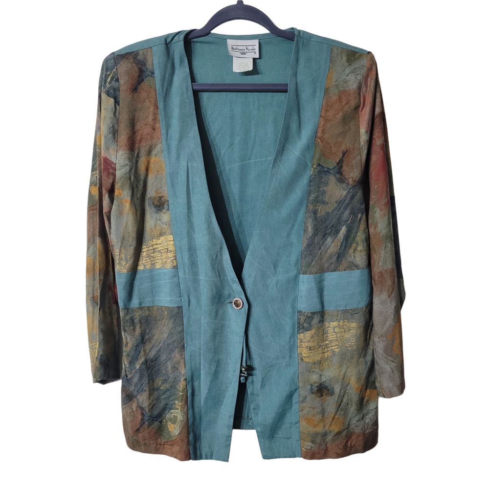 Brittany Nicole Vintage Blue Brown Abstract Print Blazer Relaxed Fit Size Medium